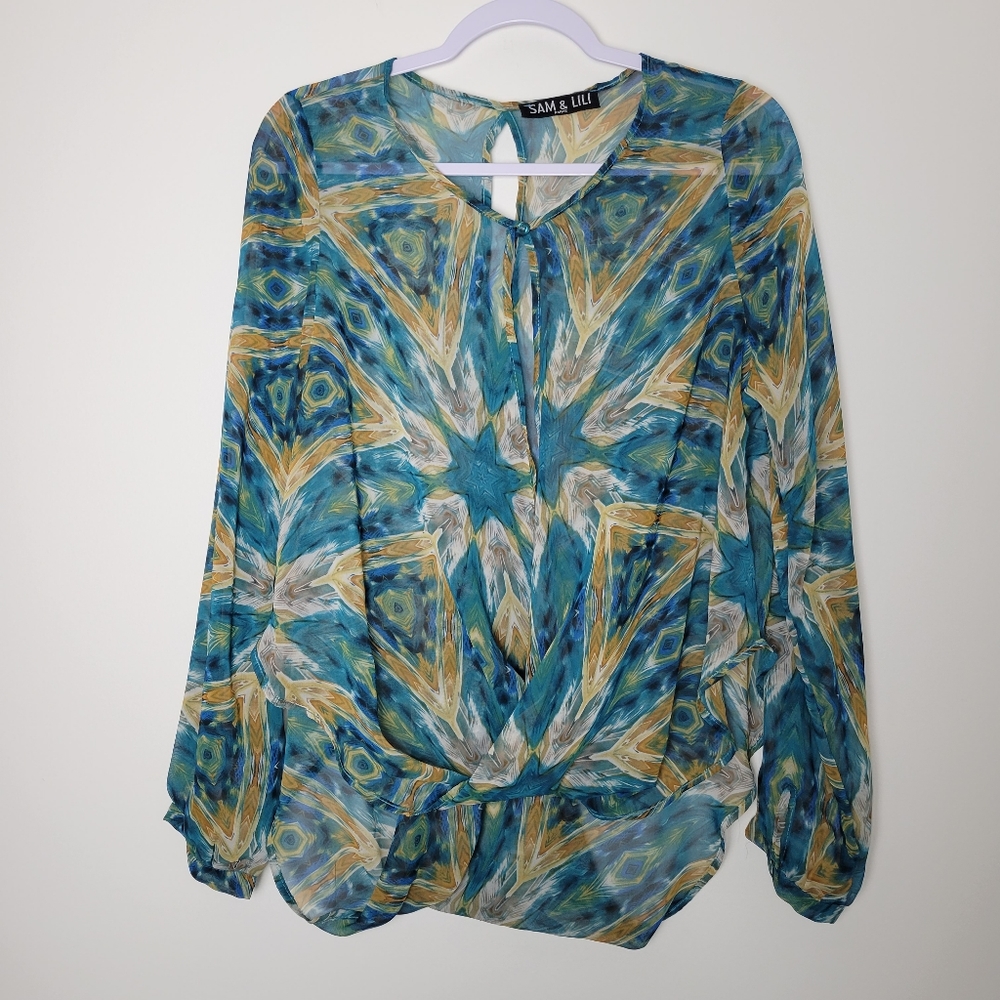 SAM&LILI Paris Artsy Sheer Blouse Top Size M/L